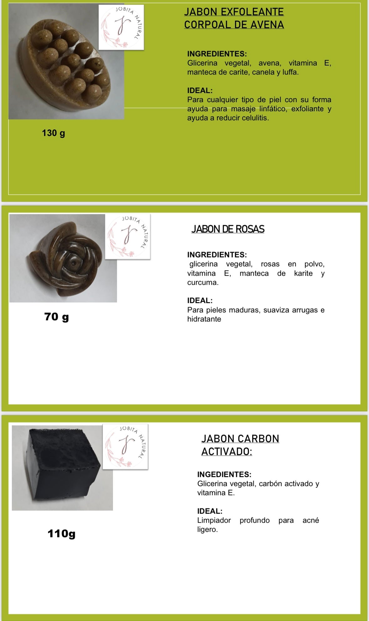 Jabones :avena,Rosas,Carbono activado