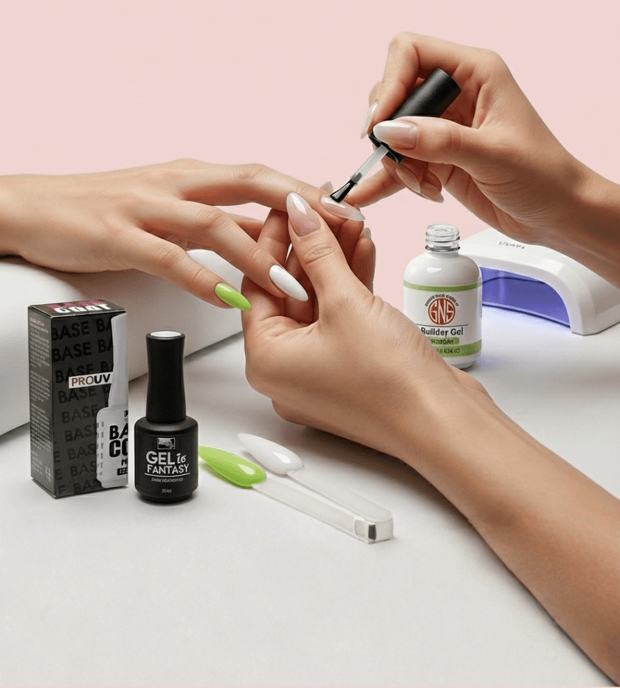 Builder gel nails with a natural and glossy finish.