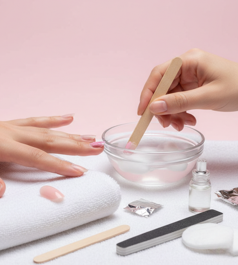 woman removing acrylic nails at home using acetone and foil
